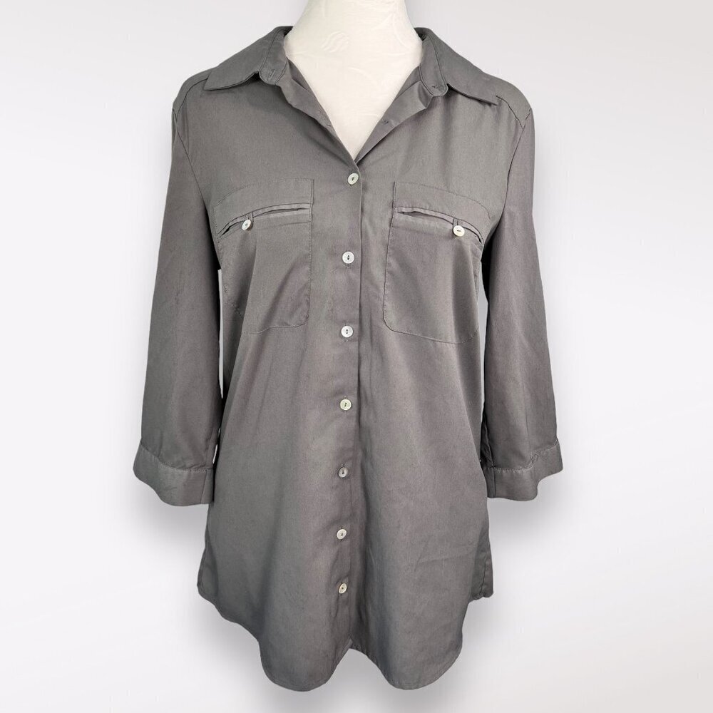 H&M Gray Button Down Blouse Roll Tab Sleeves Size 8